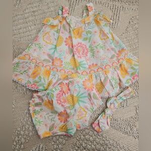 Baby Tropical Print Two-Piece Set with Headband - White, Yellow, Pink, Green